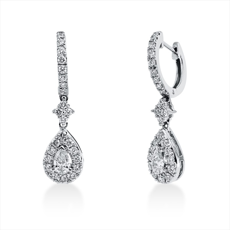 Creolen 14 kt WG, 2 Tropfen 0,33 ct, TW-si, 50 Brillanten 0,65 ct, TW-si