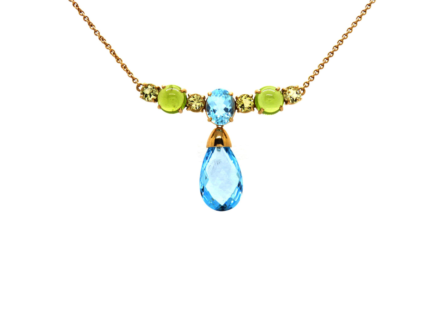 Anhänger Topas-Peridot-Beryl insg. 25,59ct 750 18K Rosegold Länge 42cm