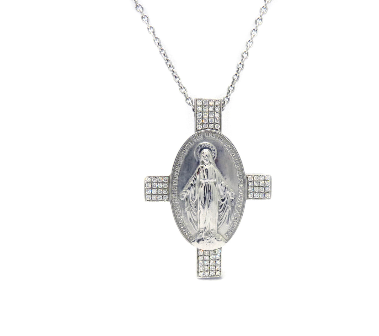 Anhänger Madonna-Kreuz 72 Brillanten 1,06ct 750 18K Weißgold Länge 45cm
