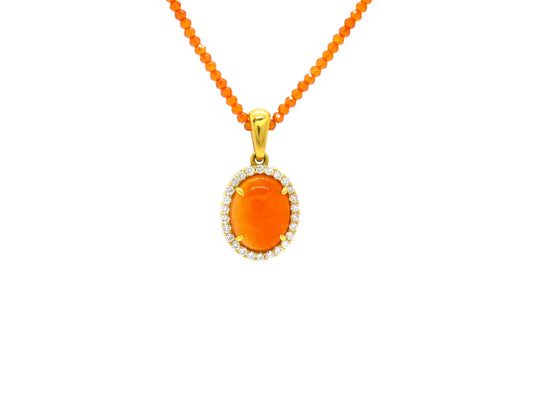 Anhänger 1 Feuer Opal 4,60ct, 26Brillanten 0,49ct 750 18K Gelbgold Länge:41cm