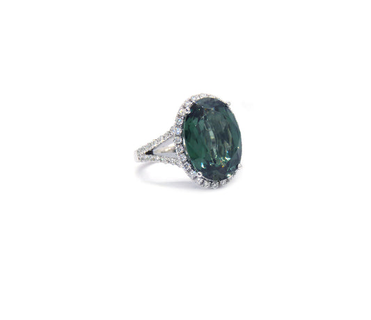 Ring 1 Grün Turmalin 6,48ct 54 Brillanten 0,49ct 750 18K Weißgold Gr.50
